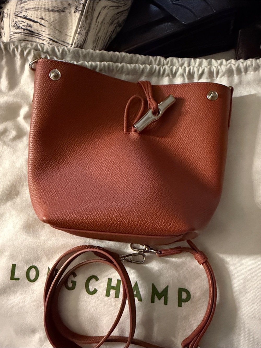 Longchamp Terracotta Leather Crossbody Bucket Bag - Picture 2 of 5